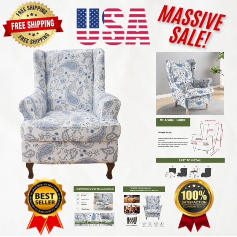 Wingback Chair Slipcover Paisley Print Denim Blue White Two Piece Set