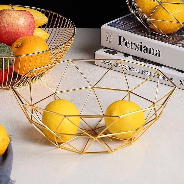 Wire Fruit Basket Gold Geometric Facets Open Wire Design Octagonal Base Glam