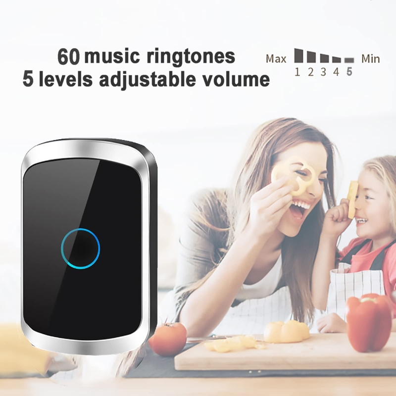 Wireless Doorbell Glossy Black Blue Indicator Light Waterproof Plug-In