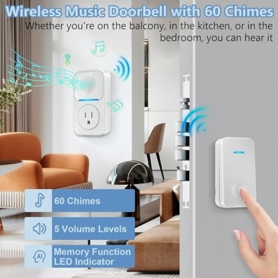 Wireless Doorbell Integrated Outlet Matte White Plug-In LED Indicator