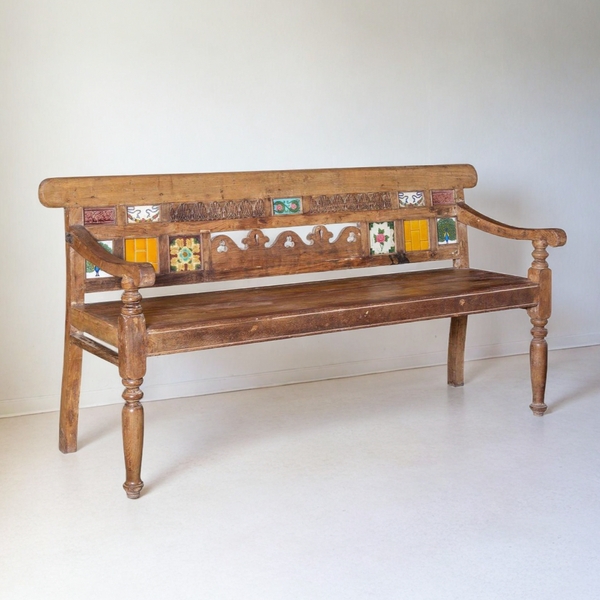 Wood Bench Mediterranean Style Antique Inset Ceramic Tiles Fretwork
