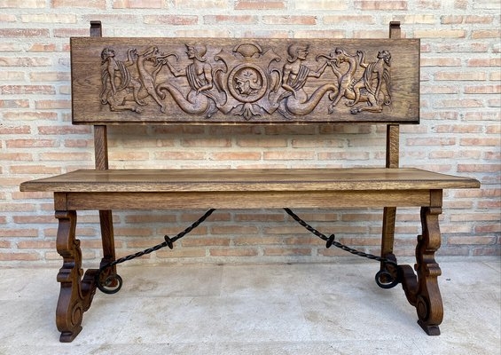 Wood Bench Spanish Renaissance Mythological Relief Carving Iron