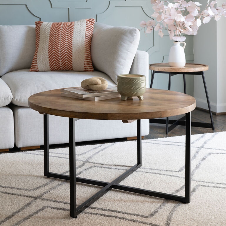 Wood Coffee Table Thick Profile Top with Black Metal X-Base Cross Brace