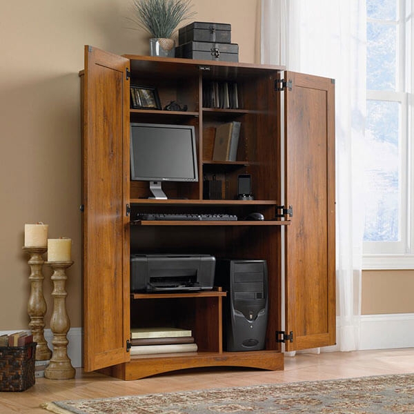 Wood Computer Armoire Desk featuring Wrap-Around Doors and Arched Base
