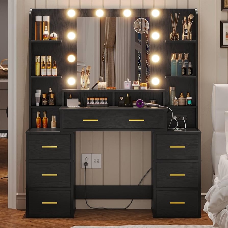 Wood Grain Vanity, Charging Station, Glass Top & 10 Bulbs