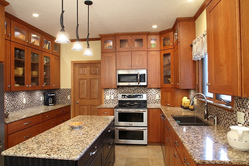 Wood Kitchen Refacing with Mosaic Tile Backsplash & Granite