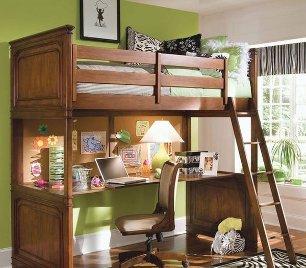 Wood Loft Bed with Full-Length Integrated Desk and Angled Ladder