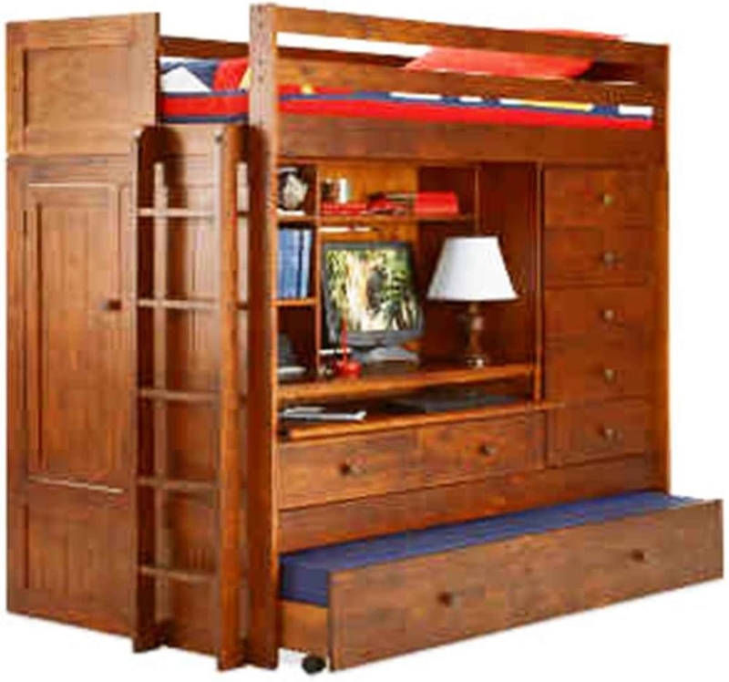 Wood Loft Bed with Trundle and Desk Craftsman Style Bunk Combo