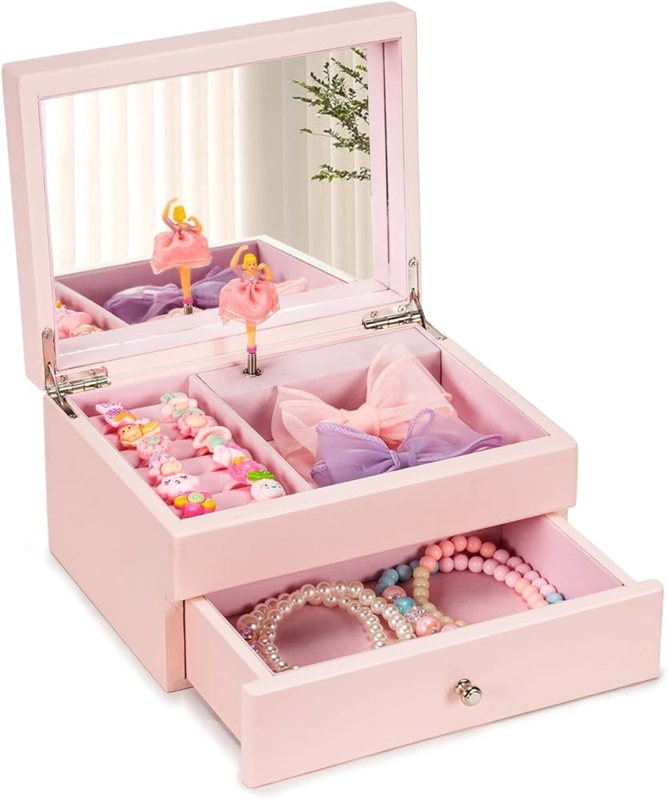 Wood-Toned Ballerina Musical Jewelry Box with Slide-Out Drawer