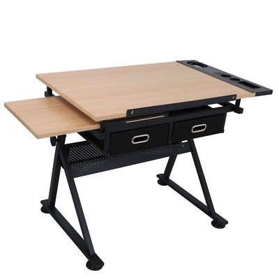 Wood Toned Drafting Table featuring Slide-Out Shelf and Fabric Drawers