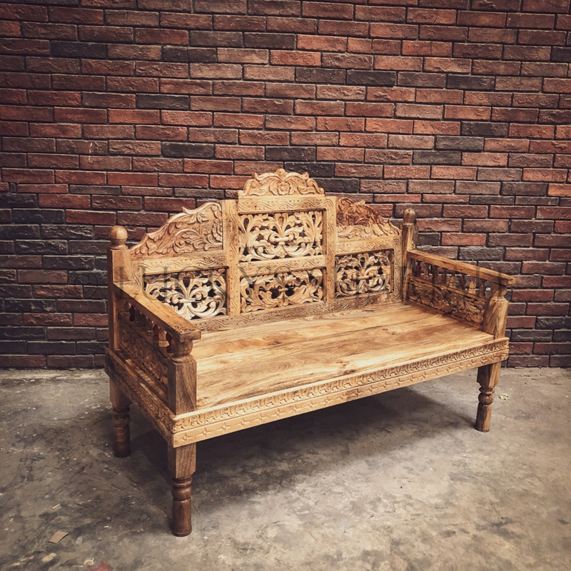 Wooden Bench Floral Carved Entryway Seating Mango Wood High Back Lattice