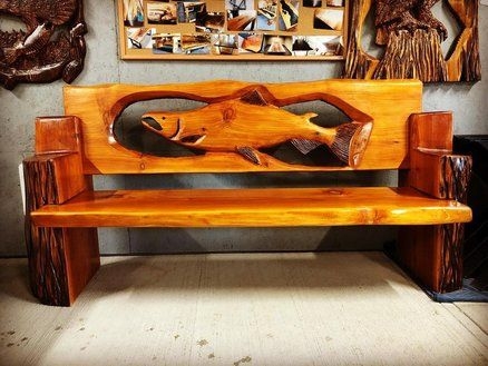 Wooden Bench Lodge Entryway Seating Carved Fish Motif Bark Legs