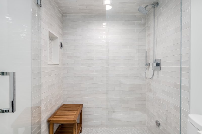 Wooden Shower Bench with Two-Tier Slatted Design