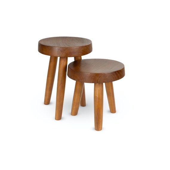 Wooden Stool Thick Top Round Seat Nesting Capability Mid Century