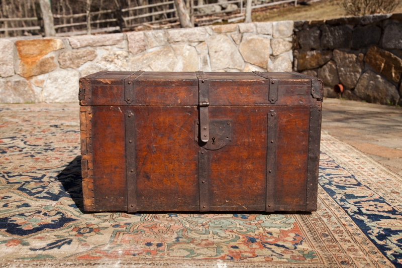 Wooden Trunk 18th Century Primitive Vertical Metal Straps Weathered