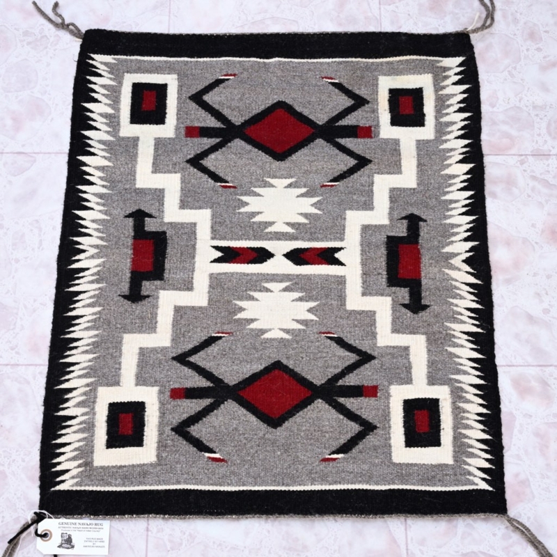 Wool Rug Navajo Storm Pattern with Charcoal Central Diamond Motif