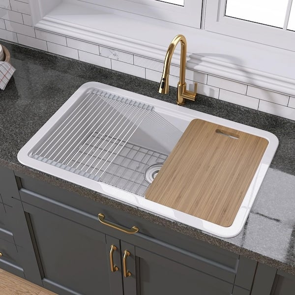 Workstation Sink: White Fireclay Farmhouse Apron with Integrated Ledge