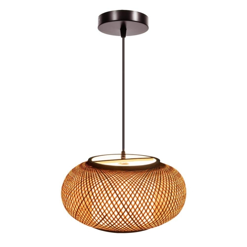 Woven Bamboo Lantern Pendant Squashed Sphere Japandi Style