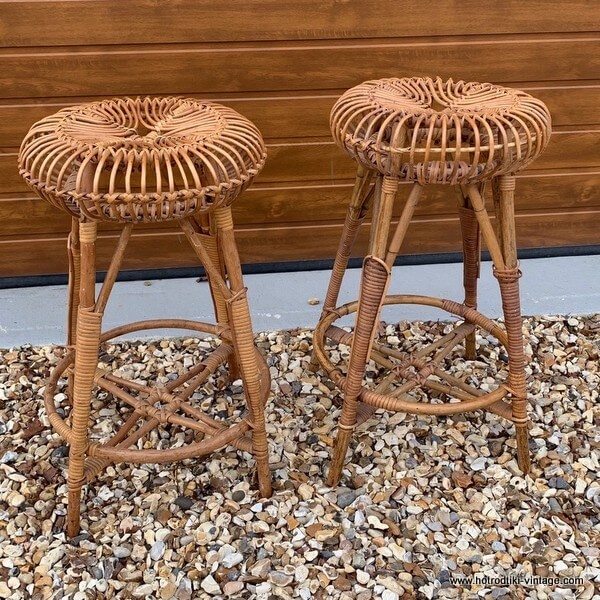 Woven Cane Bar Chairs featuring Circular Seats and Bound Joints