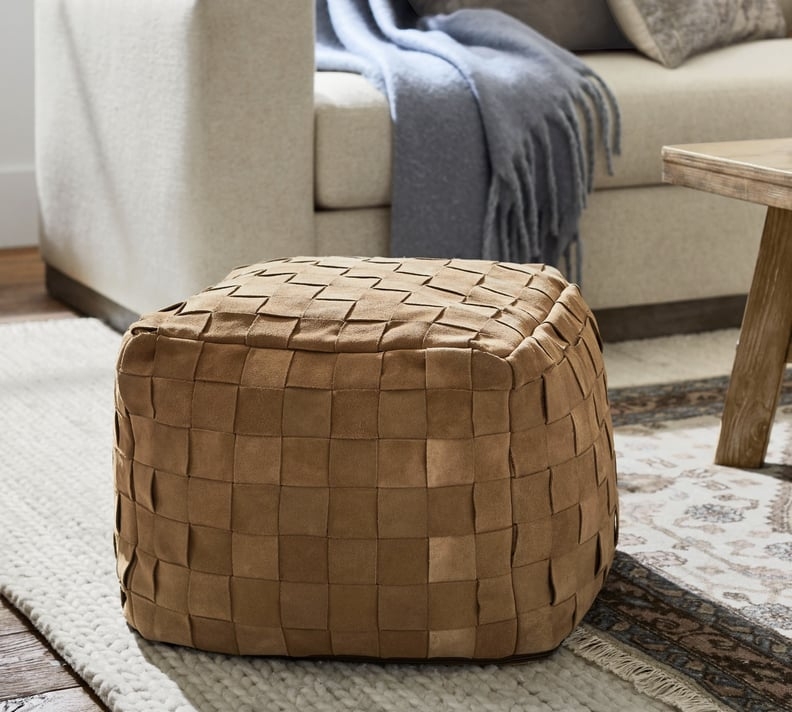 Woven Cube Pouf Ottoman featuring Tan Basket Weave Design