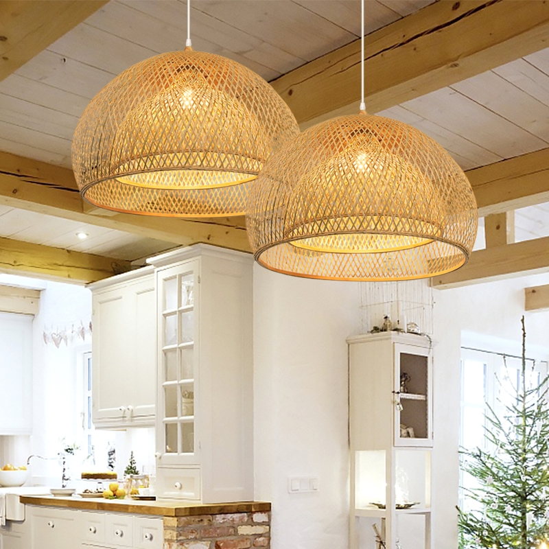 Woven Dome Pendant Light Double Layer Bamboo Lattice Shade