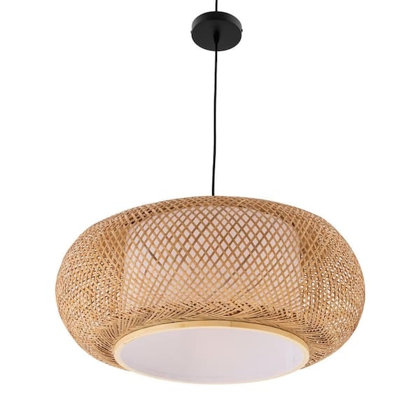 Woven Drum Pendant Light with White Diffuser and Black Trim