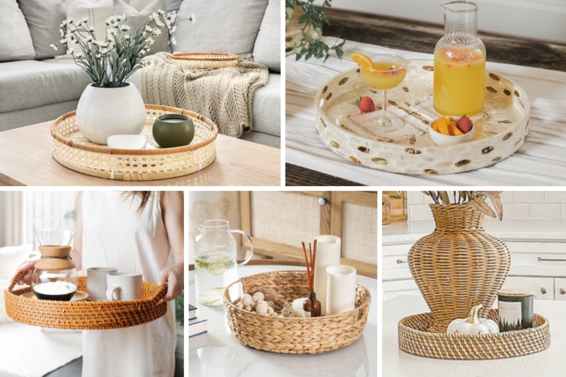 Woven Rattan Decorative Tray Round High Gallery Rim Coastal Boho Decor