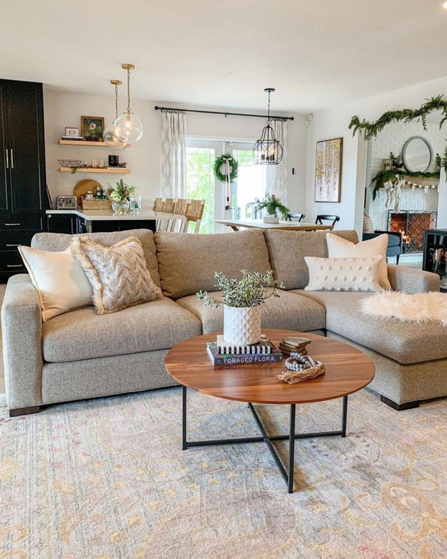 Woven Upholstery Sectional Sofa Round Coffee Table Farmhouse Style