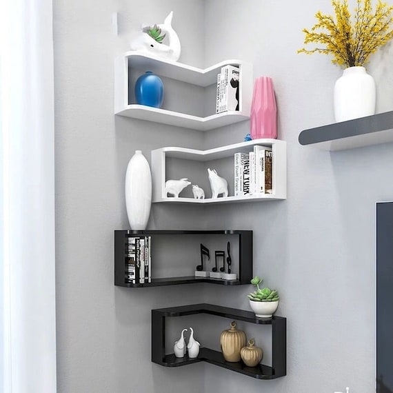Wrap Around Corner Shelf: Monochrome Black and White Geometric Set