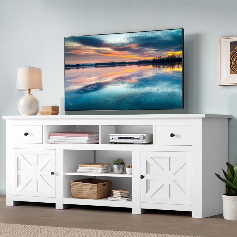 X-Brace Entertainment Center: White Farmhouse Finish, Storage Drawers.