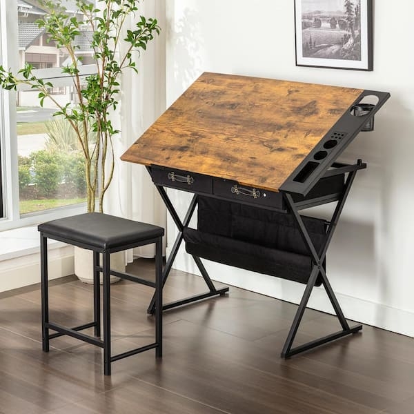 X-Frame Drafting Table Set with Fabric Storage Drawers