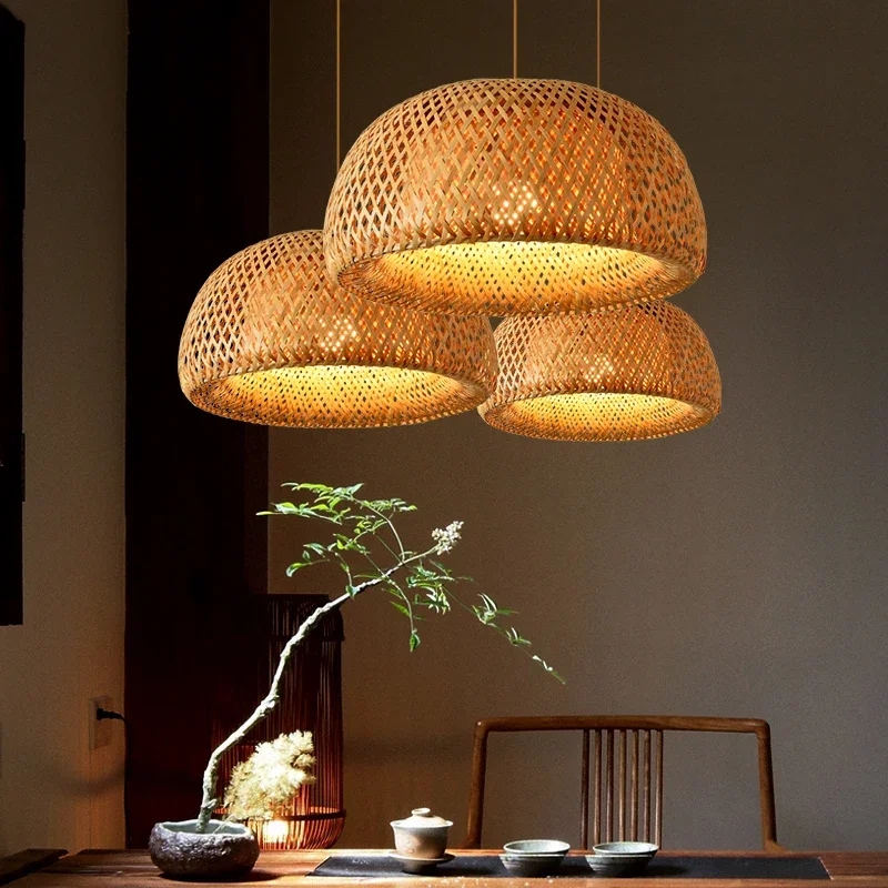 Zen Woven Pendant Trio Staggered Open Bottom Dome Shades
