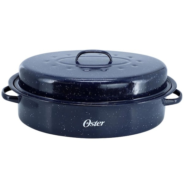 11 Quart Oval Roaster Navy Speckled Enamel Dimpled Lid