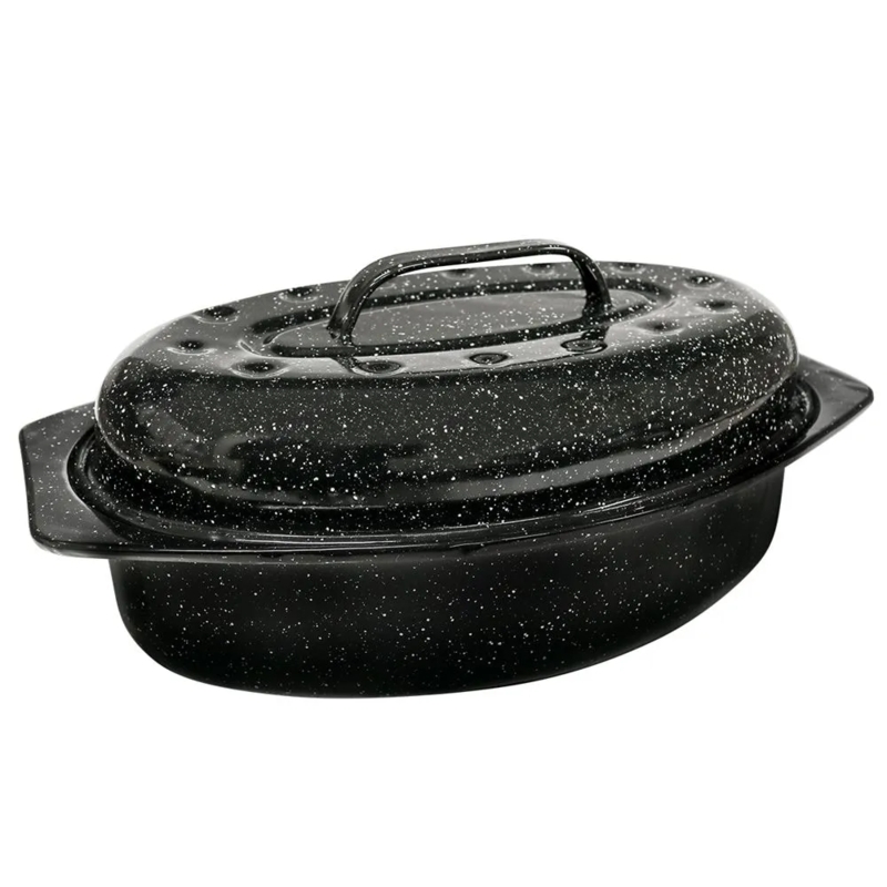 13 Inch Roasting Pan Speckled Black Enamel Dimpled Lid