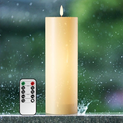 14 Inch Flameless Candle Waterproof Design, LED Flame, Ivory Timer