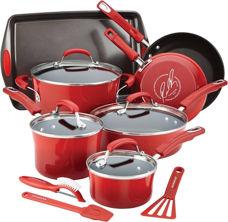 14-Piece Cookware Set with Red Enamel and Tempered Glass Pot Lids