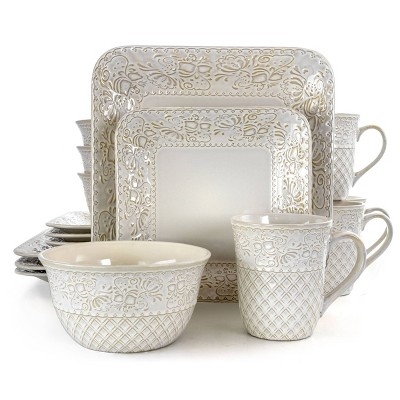 16pc Stoneware Floral Dove Dinnerware Set White - Elama: Rounded Square  Dishware, Microwave & Dishwasher Safe : Target