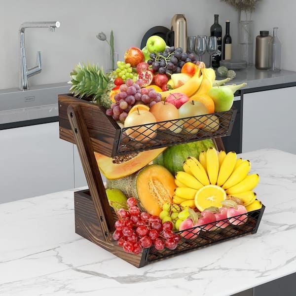 2-Tier Fruit Basket Slanted Wooden Frame Rustic Brown Wire Mesh