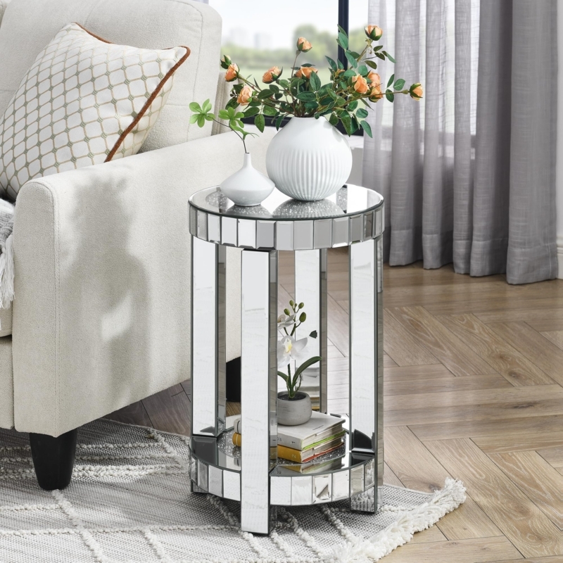 2-Tier Mirrored Side Table Faceted Border Modern Glam Accent