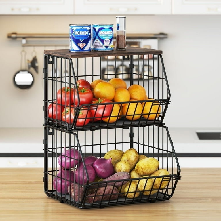 2-Tier Wire Fruit Basket Stackable Wood Top Lid Black Metal