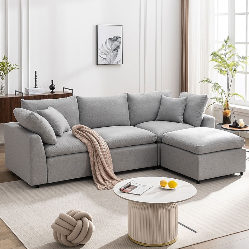 3-Seater Sleeper Sectional with Ottoman & Textured Beige Fabric