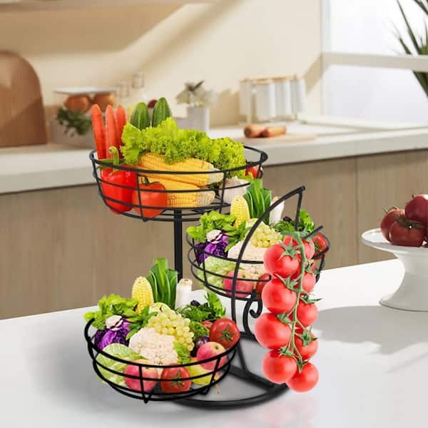 3-Tier Fruit Basket Spiral Design Banana Hanger Matte Black Wire