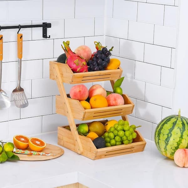 3 Tier Fruit Stand Natural Wood Slatted Sides Angled Bins Bamboo