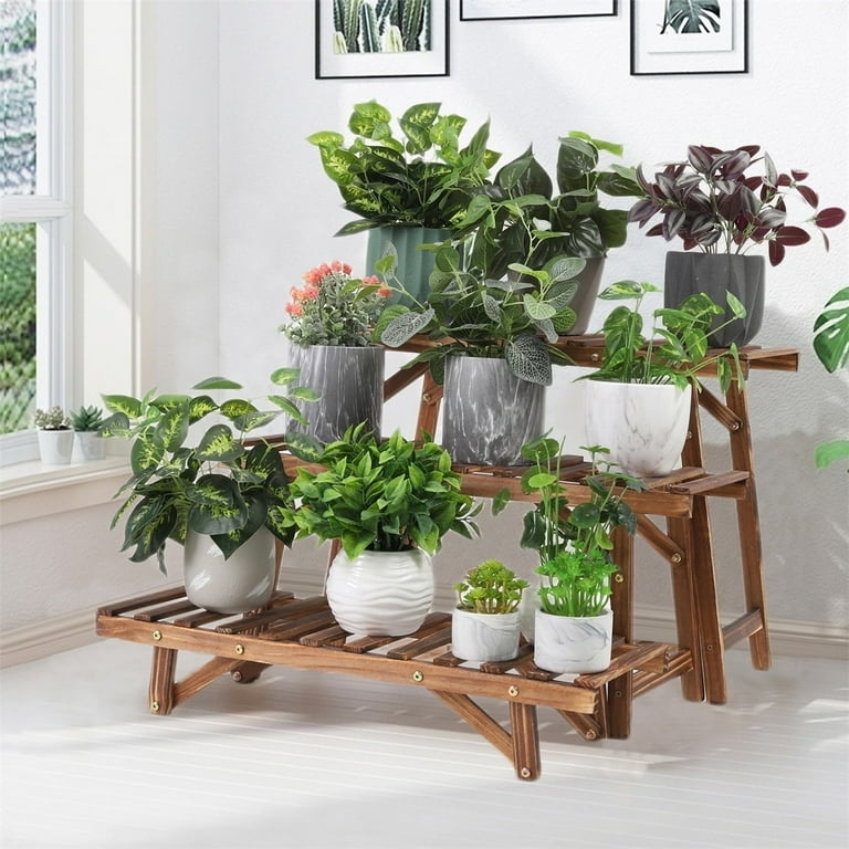 3-Tier Plant Ladder Slatted Shelves A-Frame Rustic Walnut Brown Wood