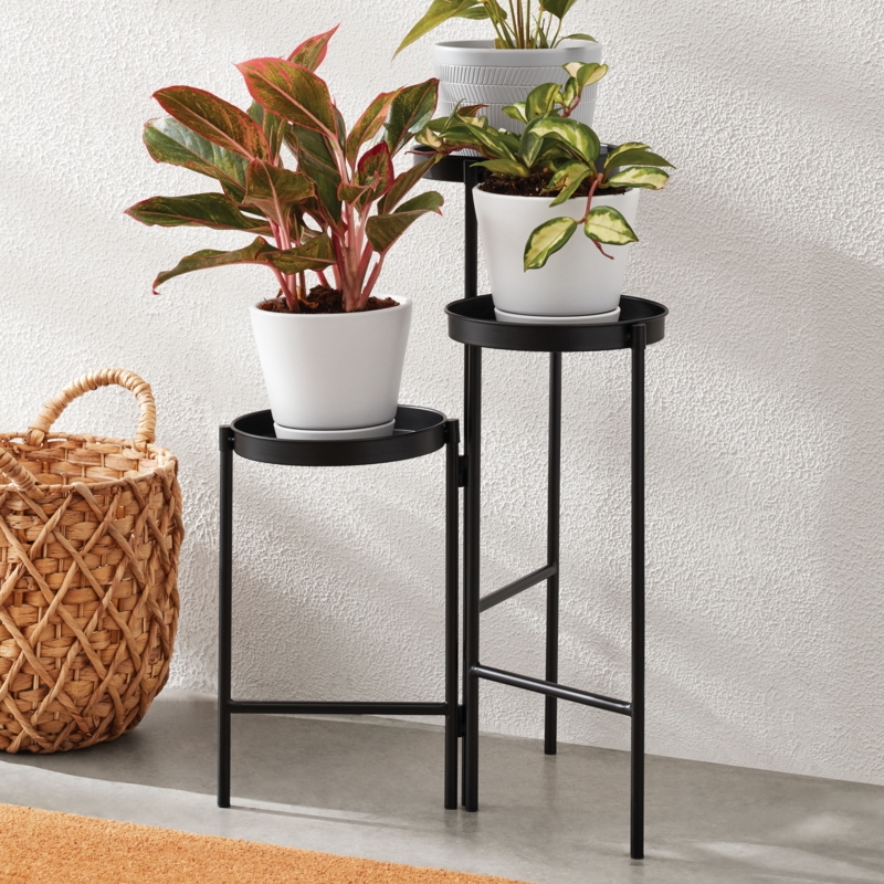 3-Tier Plant Stand Articulated Hinges Matte Black Circular Trays
