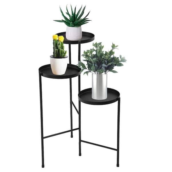 3-Tier Plant Stand Raised Edges Hinged Base Staggered Heights Black