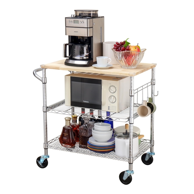 3-tier Utility Cart Finnhomy 3-Tier Rolling Kitchen Cart With Oak Cutting  Board - Chrome Wire Storage Cart Wire Storage Cart With Cutting Board