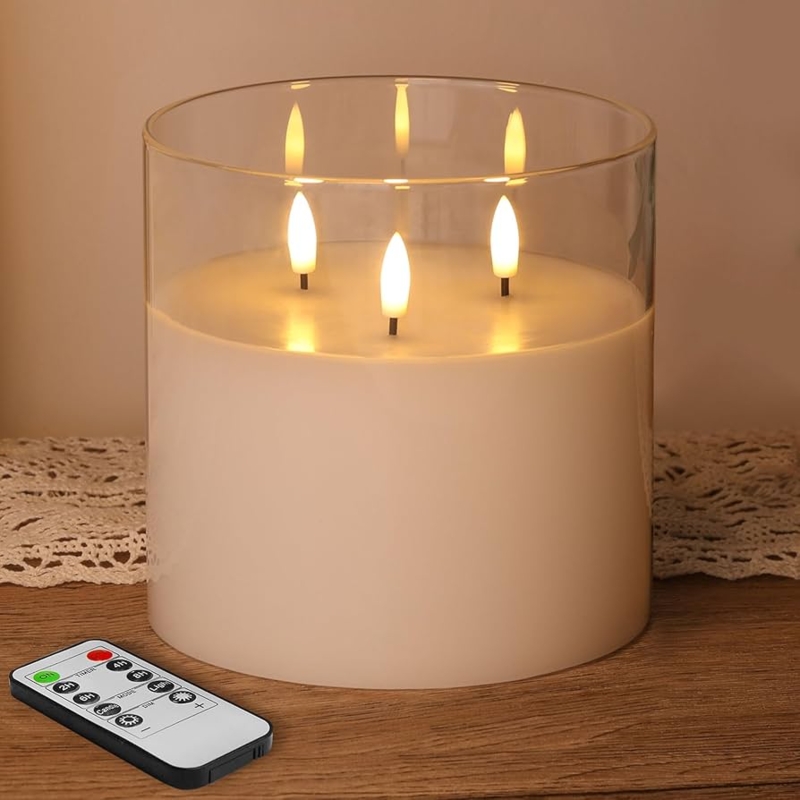 3-Wick Glass Flameless Candle Glossy Finish, Clear Vessel, Remote
