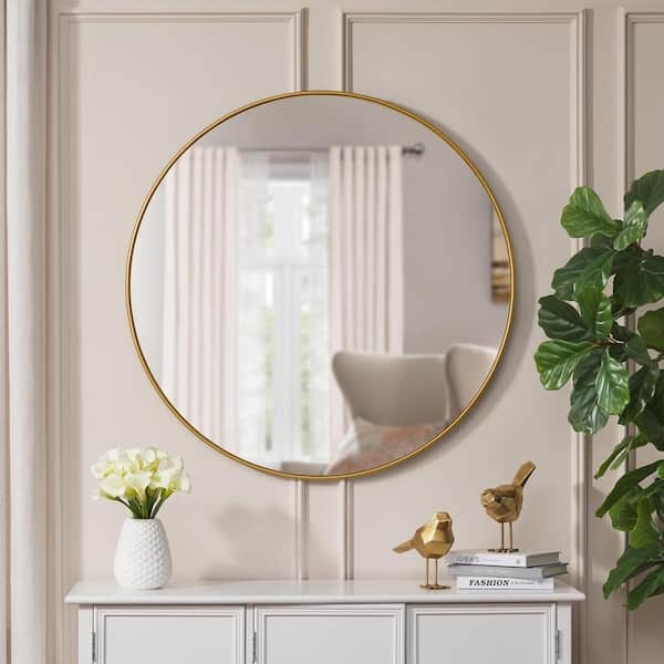 35 Inch Wall Mirror with Polished Gold Rim & Minimalist Style