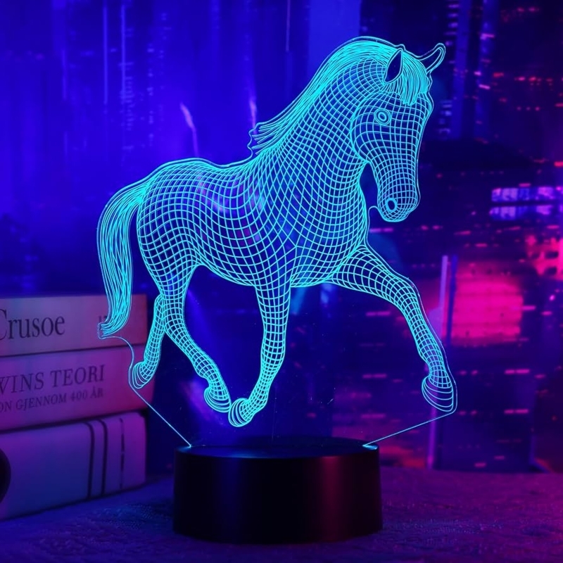 3D Illusion Lamp: Neon Cyan Glowing Wireframe Horse, Modern Tech Decor